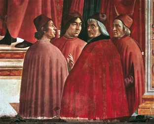 Histórias da Virgem Maria: Anunciação a Zacarias, detalhe de Cristoforo Landino, Angelo Poliziano e Marsilio Ficino, c.1485-90 (fresco)