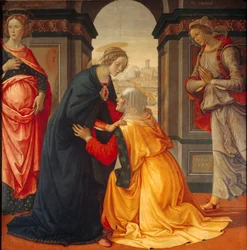 Visitação: a Virgem Maria visita Isabel, entre Maria Jacobé e Maria Salomé, testemunhas da Crucificação e da Ressurreição, 1491