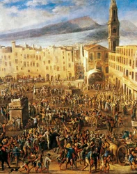 Piazza del Mercato em Nápoles, detalhe da Revolta de Masaniello, de Domenico Gargiulo conhecido como Micco Spadaro (1609 ou 1610 - ca1675), pintura.