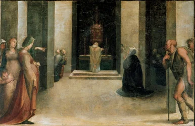 Altarpe dos estigmas de Santa Catarina. Detalhe da Predelle: Santa Catarina de Sena recebendo a Eucaristia de um anjo. Pintura de Domenico Beccafumi (1486-1551)