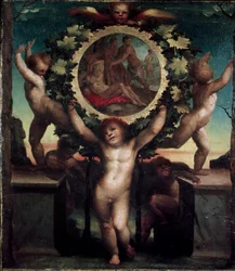 Anjos (Putti) com a embriaguez do Noe. Pintura de Domenico Beccafumi (1486-1551)