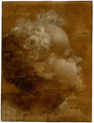 Beccafumi - Cabeça de uma criança olhando para cima, de perfil para a direita Pincelada a óleo cinzento-castanho e branco, sobre papel preparado castanho, com linhas recortadas, 1528 (circa)