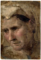 Beccafumi - Cabeça de uma mulher idosa olhando para baixo para a esquerda Óleo sobre papel, 1953,1212.4