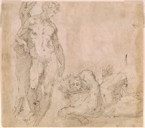 Beccafumi - Verso Nu masculino encostado a um tronco de árvore e nu masculino reclinado com a cabeça virada para trás, ca. 1530-1540