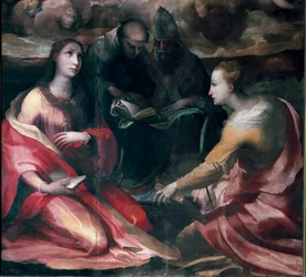 Cristo coroando a Virgem Maria e os Quatro Santos, detalhe: Santa Maria Madalena, Santo António de Pádua (san antonio di padova), Papa S. Gregoire I ou A Grande e Santa Catarina de Alexandria. Pintura de Domenico Beccafumi (1486-1551)