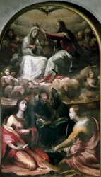 Cristo coroando a Virgem Maria e quatro Santos (Santa Maria Madalena, Santo Antônio de Pádua (Santo Antônio de Pádua), Papa Santo Gregoire I ou A Grande e Santa Catarina de Alexandria). Pintura de Domenico Beccafumi (1486-1551)