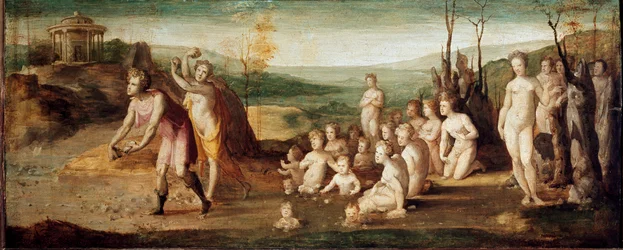 Deucalião e Pirra. Personagens da mitologia grega que atiram pedras das quais nascem seres humanos após o dilúvio. Pintura de Domenico Beccafumi (1486-1551), cerca de 1525-1530. Madeira. Dimensões: 53 x 134 cm. Itália, Florença, Fundação Horne (Florença