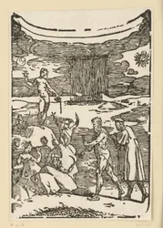 A descoberta dos metais. Hefesto (Vulcano), com o martelo de mineiro, e o seu ajudante procuram os metais. Do episódio «De re metallica».