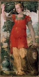 Carácter feminino, talvez Minerva. Pintura de Domenico Beccafumi (1486-1551).