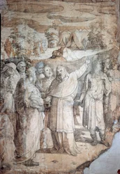 História de Moisés no Monte Sinai: os Hebreus aguardam o regresso de Moisés. Desenho preparatório para o pavimento da Catedral de Siena. Datas de vida do artista: 1486-1551. Itália, Siena, Pinacoteca Nacional (Siena, Pinacoteca Nazionale).