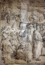 História de Moisés no Monte Sinai: os Hebreus aguardam o regresso de Moisés. Desenho preparatório para o pavimento da Catedral de Siena. Datas de vida do artista: 1486-1551. Itália, Siena, Pinacoteca Nacional (Siena, Pinacoteca Nazionale).