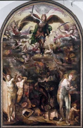 São Miguel perseguindo os anjos rebeldes (A queda dos anjos rebeldes). Pintura de Domenico Beccafumi (1486-1551)