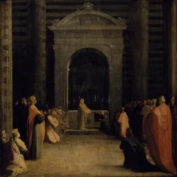 A Oferta das Chaves da Cidade de Siena à Virgem, em ou após 1526 (óleo sobre papel sobre painel de madeira)
