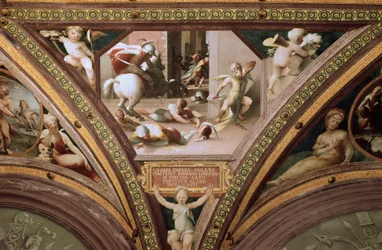 O suicídio de Catão de Útica (Marcus Porcius Cato Uticensis), ou Catão, o Jovem (95-46 a.C.), fresco de Domenico di Giacomo di Pace, dito Beccafumi (1486-1551), 1524-1530, dimensões 100x130 cm, Siena, Palazzo Casini Casuccini