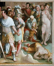 O assassinato do rico plebeu romano Spurius Maelius (século V a.C.). Pormenor. Fresco de Domenico di Giacomo di Pace, dito Beccafumi (1486-1551), 1529-1535, Siena, Palazzo Pubblico