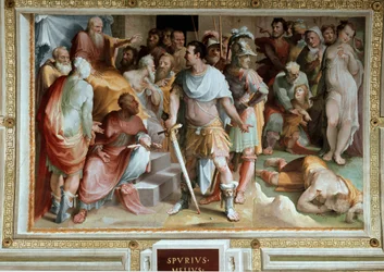 O assassinato do rico plebeu romano Espúrio Mélio (século V a.C.). Fresco de Domenico di Giacomo di Pace, dito Beccafumi (1486-1551), 1529-1535. Siena, Palazzo Pubblico