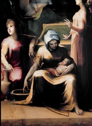 O nascimento da Virgem. Pormenor com uma criada e a recém-nascida. Datas de vida do artista: 1486-1551, cerca de 1540-1543. Dimensões: 233x145 cm. Itália, Siena, Pinacoteca Nacional (Siena, Pinacoteca Nazionale).