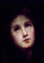 A descida de Cristo ao limbo. O detalhe do rosto de um jovem mergulha na escuridão (escuro) e olha em direção ao céu. Pintura de Domenico Beccafumi (1486-1551)