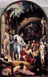 A descida de Cristo ao limbo. Ele segura um estandarte branco, golpeado com uma cruz vermelha, um símbolo da Ressurreição. Pintura de Domenico Beccafumi (1486-1551)