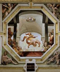A queda de Marco Mânlio Capitolino, cônsul de Roma, da cidadela do Capitólio durante a invasão gaulesa em 390 a.C. Fresco de Domenico di Giacomo di Pace, dito Beccafumi (1486-1551), 1529-1530, Siena, Palazzo Casini Casuccini