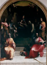 O casamento místico de Santa Catarina de Sena e Santos. Estão representados os seguintes: São Pedro, São Sigismundo, São Bernardino de Siena (Bernardino da Siena ou Bernardino degli Albizzeschi), São Domingos de Guzman, Santa Catarina de Alexandria, São Pa