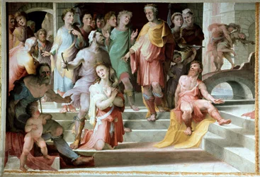 O sacrifício de Seleucos de Locres (Seleucus de Locride) Seleucos para cegar seu filho, a fim de puni-lo por um estupro que cometeu, prefere morrer com um dos olhos. Fresco por Domenico di Giacomo di Pace dit Beccafumi (1486-1551) 1529-1535 Siena, Pala