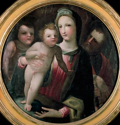 Tondo da Sagrada Família com São João Batista. Pintura atribuída a Domenico Beccafumi (1486-1551). Madeira. Diâmetro: 60 cm. Siena, Collezione Chigi-Saracini