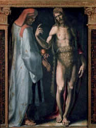 Tríptico da Trindade, Detalhe painel esquerdo: São Cosimo (Vem ou Cosimo) e São João Baptista. Pintura de Domenico Beccafumi (1486-1551)