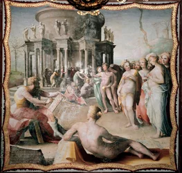 Zeuxis (ou Zeuxippos, pintor grego de Heraclee, 464-398 AC) pintou o retrato de Helena para o templo de Hera em Crotone. Pintura de Domenico Beccafumi (1486-1551)