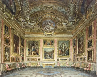 Interiores do Palazzo Pitti, Florença: Sala di Saturno com Perugino "s" Lamentation "ladeado por pinturas de Fra Bartolommeo e Rafael, 1871