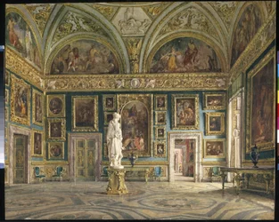 O Salão da Ilíada (Galeria Palatina) do Palácio Pitti em Florença (Itália) (O Salão da Ilíada no Palácio Pitti em Florença). Pintura de Domenico Caligo (?-1880), óleo sobre tela. Arte italiana, segunda metade do século XIX, neoclassicismo. Estado Ele