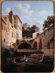 Vista de um lado da villa del Principe ou palazzo di Andrea Doria a Genes, Itália (Vista de um lado da villa del principe Doria, Génova) Pintura de Domenico Cambiaso (1811-1894)
