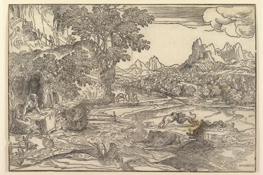 Paisagem com São Jerônimo à esquerda, olhando para o leão e urso lutando no centro ..., ca. 1530-35.