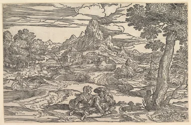 Paisagem com uma mulher sentada ao lado de um homem jogando um hurdy-gurdy, ca. 1540