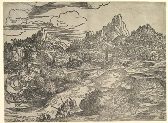 Paisagem com a família caminhando juntos em primeiro plano, à esquerda duas figuras com ..., ca. 1535-40.