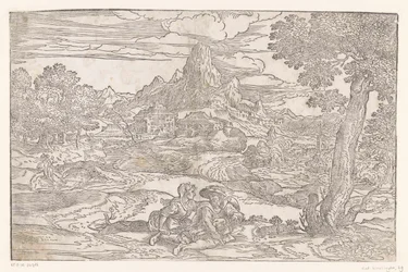 Paisagem com casal a segurar um hurdy-gurdy