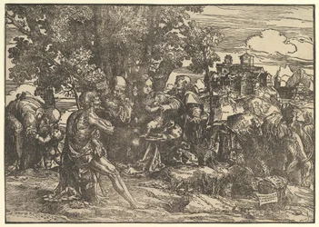 Maria sentada sob as árvores com o bebê, ladeada por José à esquerda e São Jerônimo à direita, São..., 1517.