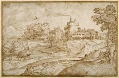 Paisagem montanhosa com um castelo e outros edifícios junto a um rio; um homem apressando uma mulher, à direita, c.1540 (caneta e tinta castanha sobre papel branco)