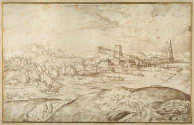 Paisagem montanhosa com um rio, e uma cidade fortificada com uma torre espiada (caneta e tinta castanha sobre papel branco)