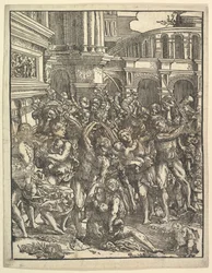 O Massacre dos Inocentes Lado direito com um grupo de figuras masculinas atacando mulheres e ..., 1517.