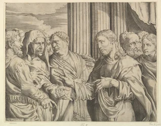 O dinheiro triubuto: Cristo no centro, à direita, gesticulando para o homem à sua esquerda com moedas ..., ca. 1564-89.