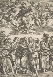 A Virgem no centro superior em nuvens com as mãos entrelaçadas e pé direito levantado, cercada por..., 1517.