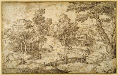 Paisagem arborizada, com uma roça e uma ponte de madeira sobre uma comporta (caneta e tinta castanha sobre papel)