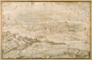 Paisagem arborizada com um rio sinuoso; ao longe uma cidade, uma mistura de pináculos e cúpulas com ruínas antigas (caneta e tinta marrom sobre papel branco)