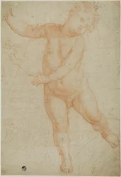 Putto apoiado na perna direita (anverso); esboço de um braço drapeado (verso)