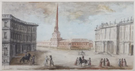 A Praça do Palácio em São Petersburgo - Domenico Felice Lamoni (1745-1830). Aquarela e cor branca sobre papel, fim 1780s. Museu Estadual de História de São Petersburgo