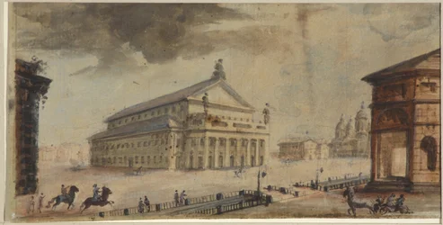O Teatro São Petersburgo Imperial Bolshoi Kamenny - Domenico Felice Lamoni (1745-1830). Aquarela e cor branca sobre papel, antes de 1783. Museu Estadual de História de São Petersburgo