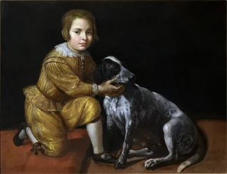 Retrato de um menino com um cachorro.