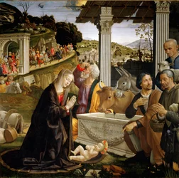 Adoração dos Pastores Pintura de Domenico Ghirlandaio (1449-1494) 1483-1485 Sol. 167x167 cm Capella Sassetti, Santa Trinita, Florença