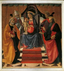 Santa Conversa. A Virgem Maria e Jesus Cristo rodeados por São Pedro, São Paulo, São Sebastião e pelo Papa São Clemente (pintura